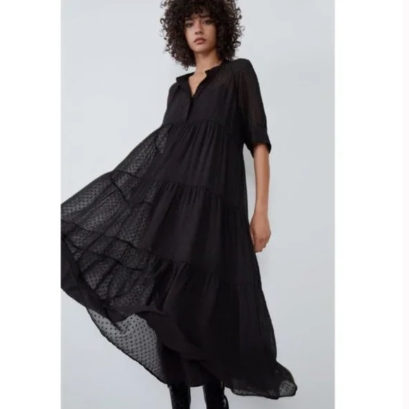 Zara Dresses Nwt Zara Black Tiered Semisheer Midi Dress With Slip Xl Poshmark